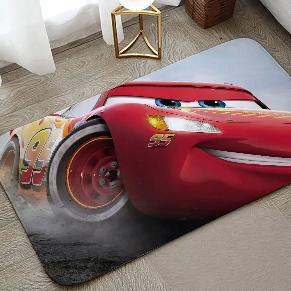 A cartoon image of Lightning McQueen on an anti-slip door mat.