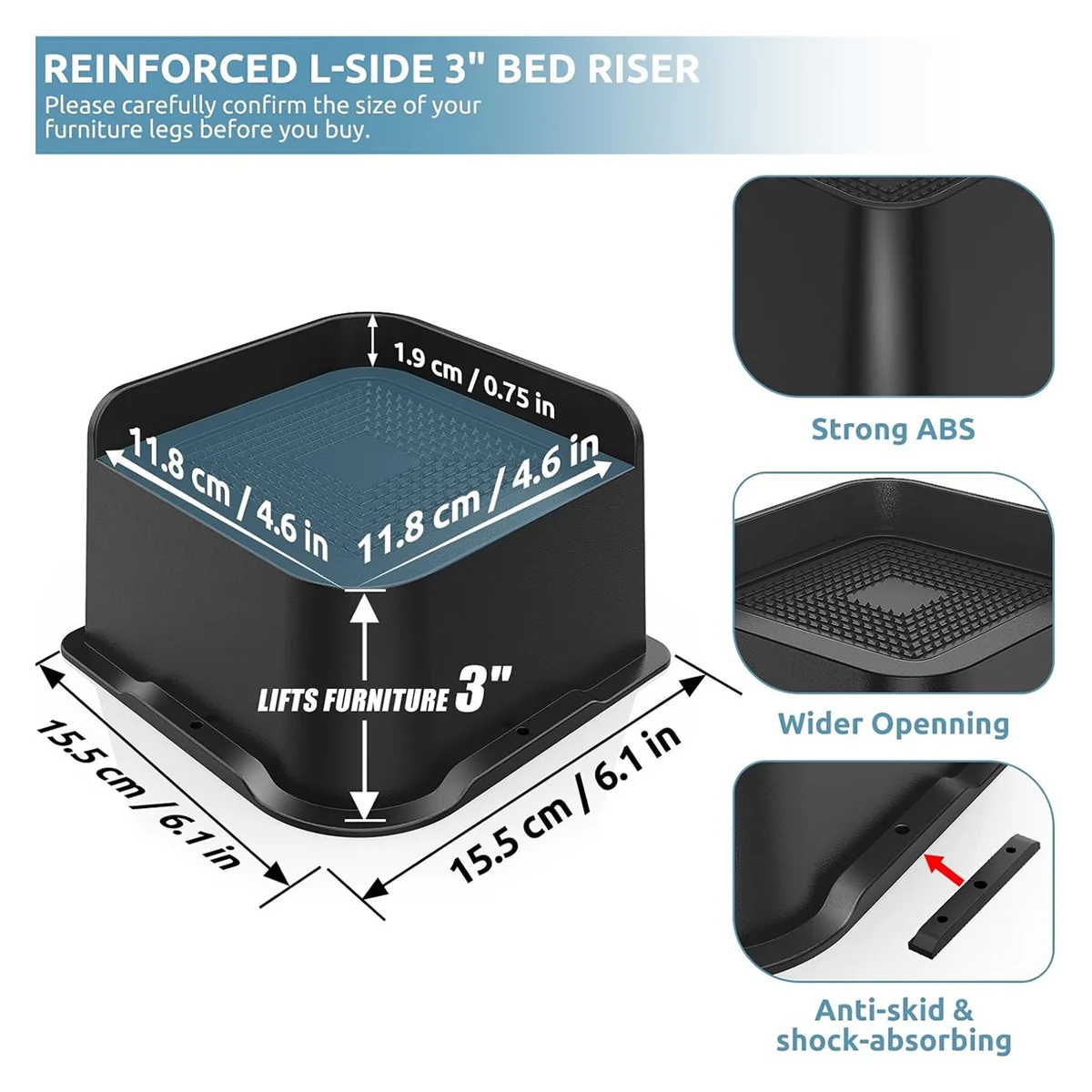 Reinforced L-side 3 inch bed riser showing dimensions and features like strong ABS and anti-skid design