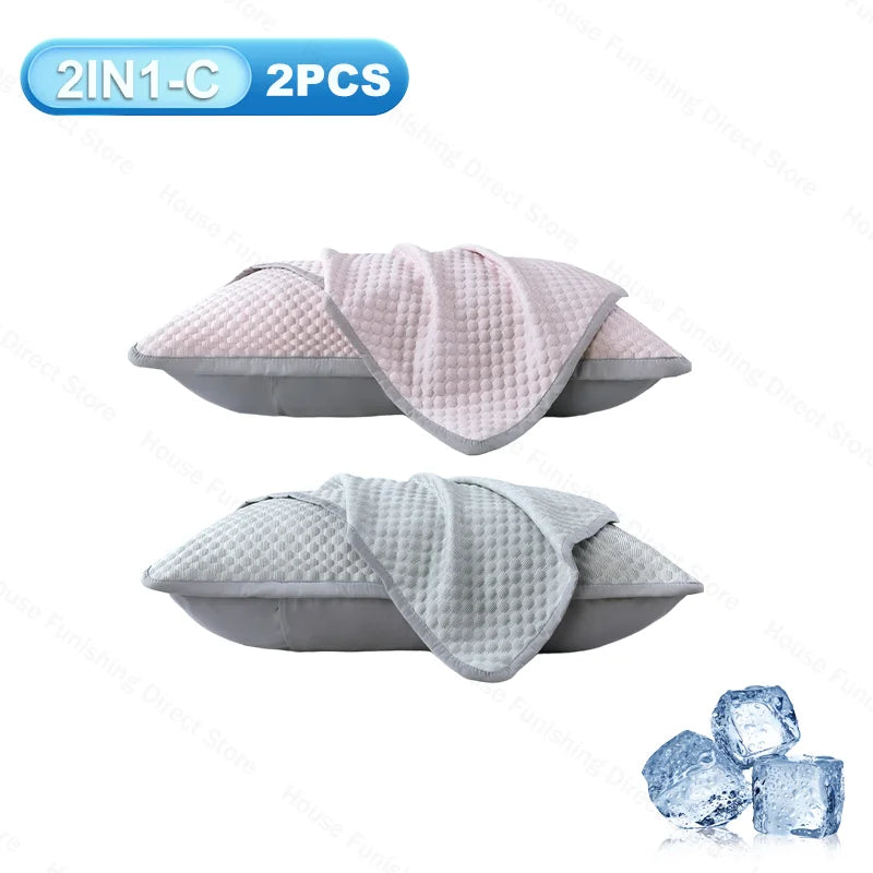 Two pink and light gray ice silk cooling pillowcases shown next to a piece of ice.