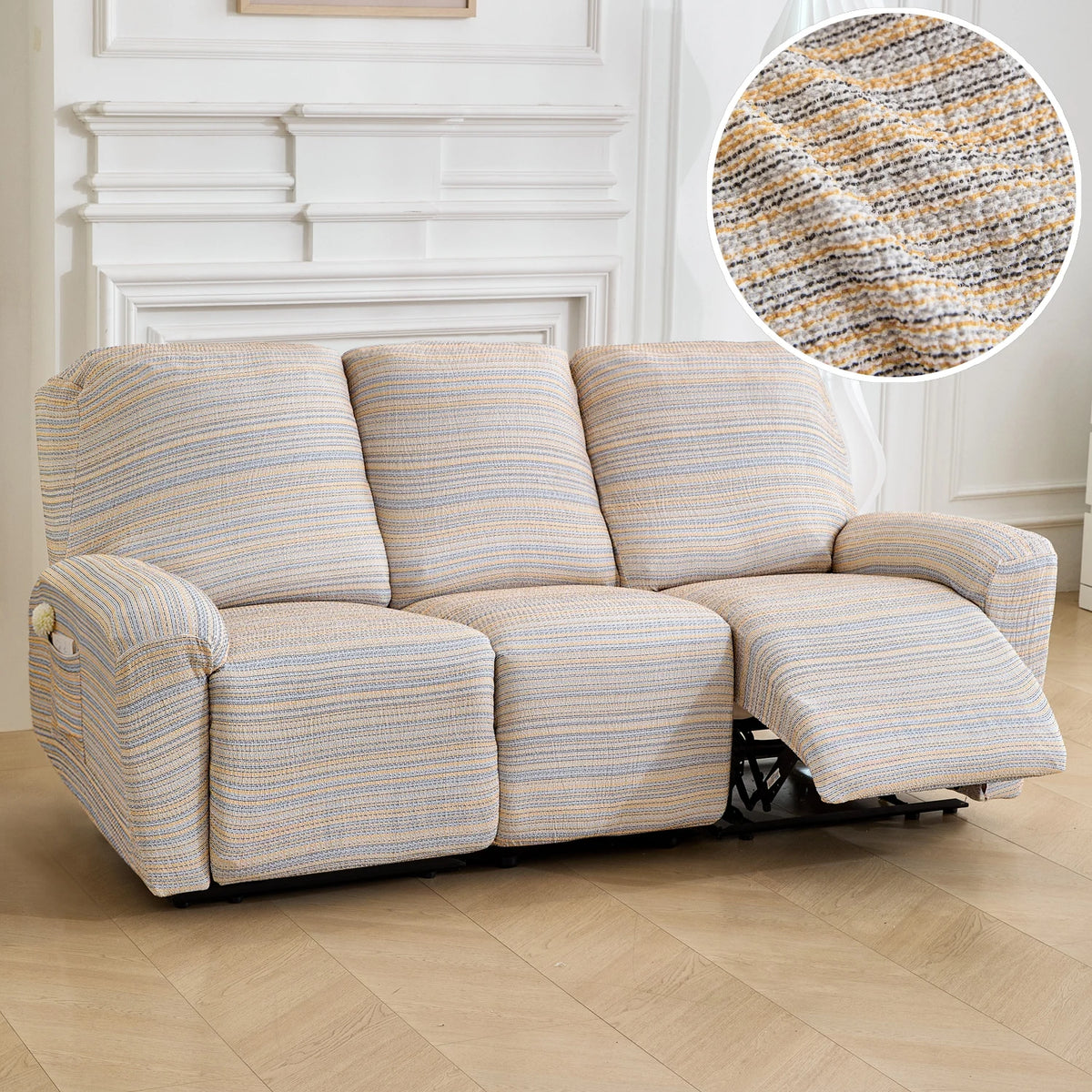 A beige and blue striped heavy-duty chenille recliner sofa slipcover sitting on a wooden floor.
