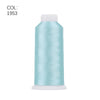 A roll of light blue polyester embroidery thread with a white cap.