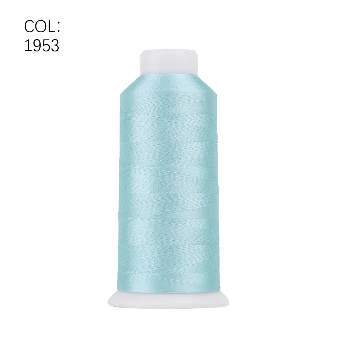 A roll of light blue polyester embroidery thread with a white cap.