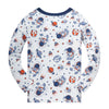 Long-sleeved cartoon astronaut pajama set for kids featuring various space-themed illustrations on a white background.
