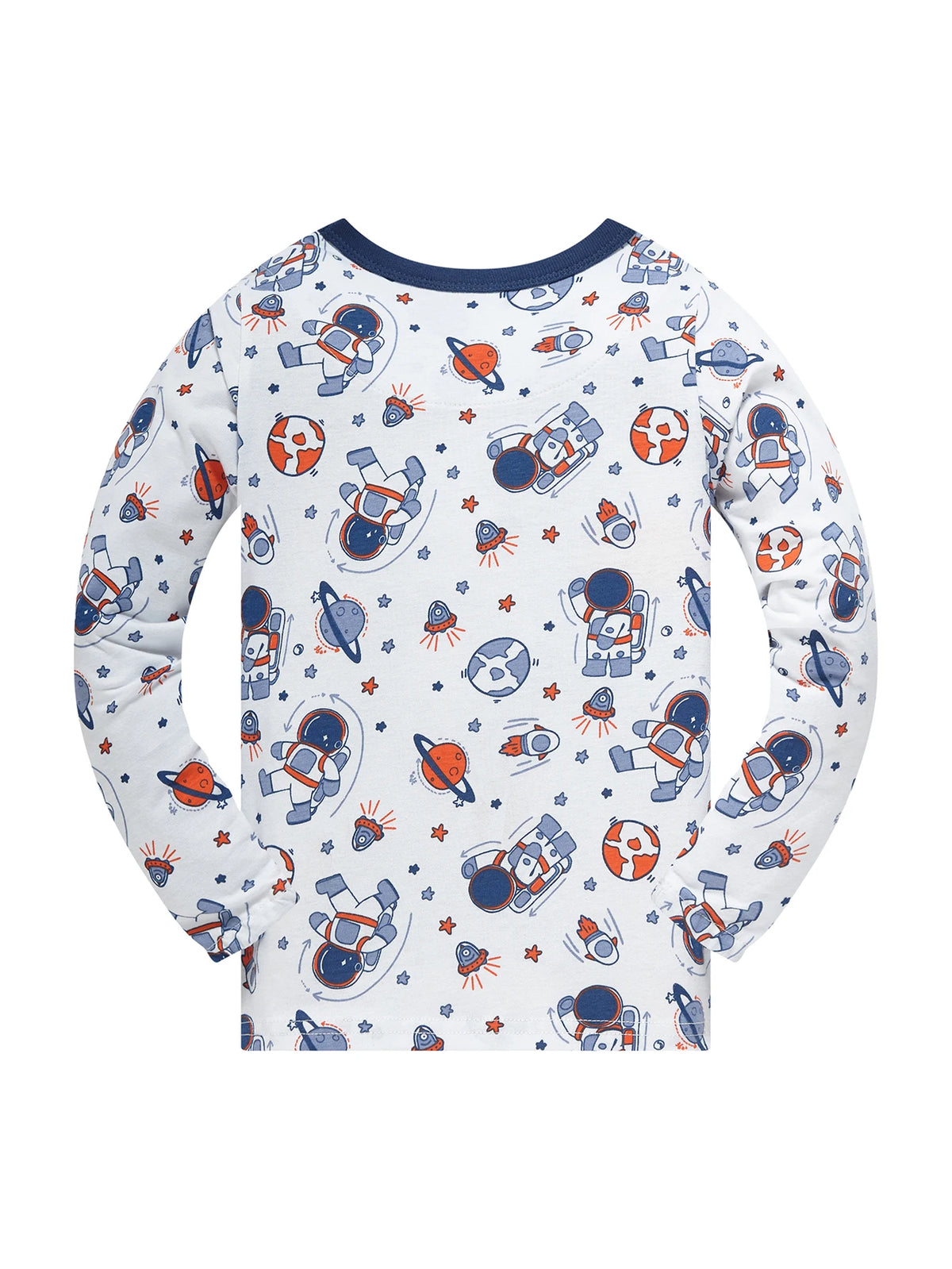 Long-sleeved cartoon astronaut pajama set for kids featuring various space-themed illustrations on a white background.
