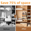 Before and after comparison showing space saving with thickened vacuum compression storage bags in a closet.