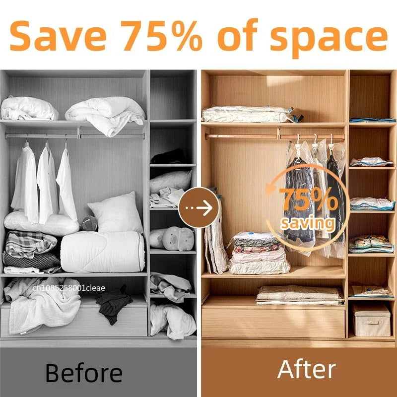 Before and after comparison showing space saving with thickened vacuum compression storage bags in a closet.