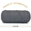 A skein of thick gray polyester blended yarn is shown with text indicating product information and color.