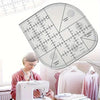 An acrylic quilting ruler with corner templates is shown next to a woman sewing.