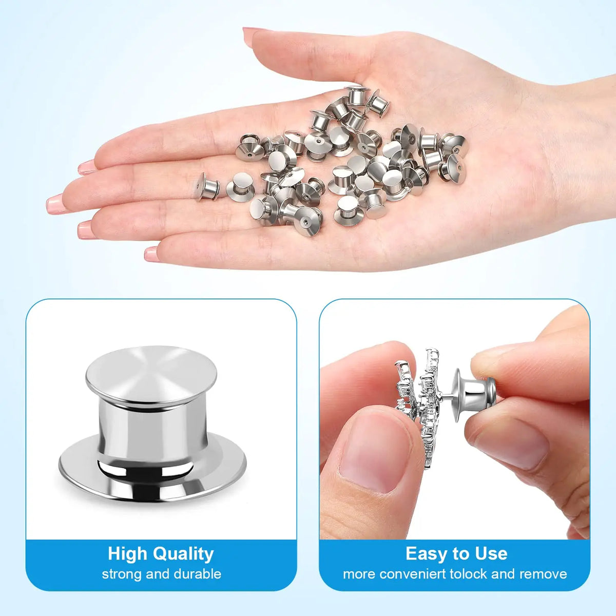A hand holds several stainless steel locking pins and clasps for securing brooches and lapel pins.