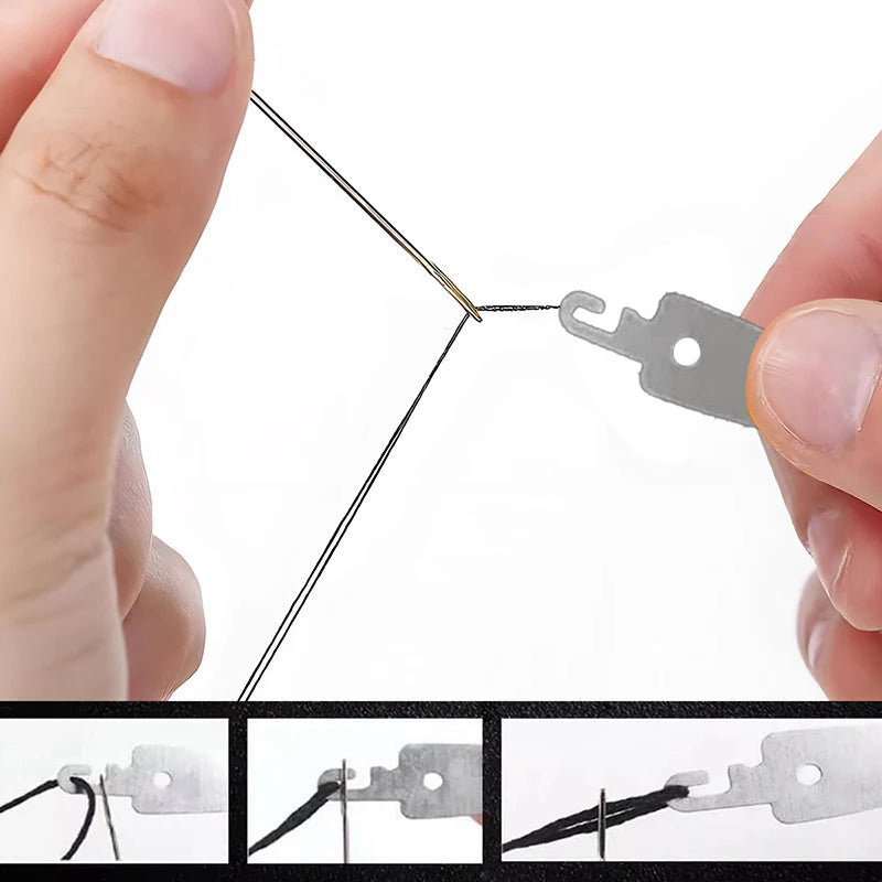 A hand is using a precision stainless steel sewing kit to pierce fabric.