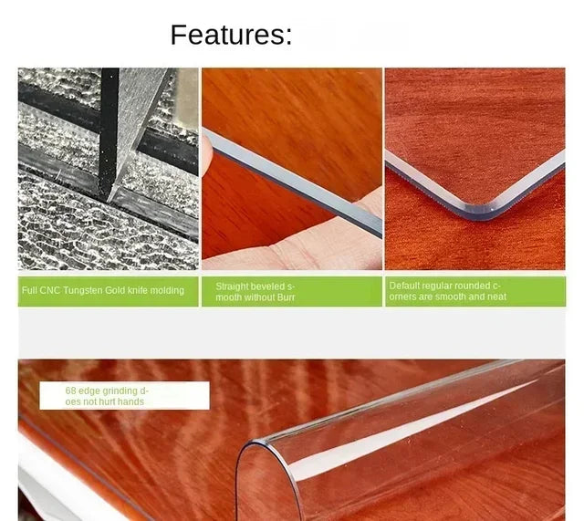 Close-up of a transparent PVC table protector mat with a polished finish on a wooden surface.