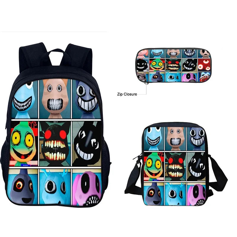 A black backpack featuring a set of 12 cartoon animal faces on the front and a separate panel of various facial expressions.