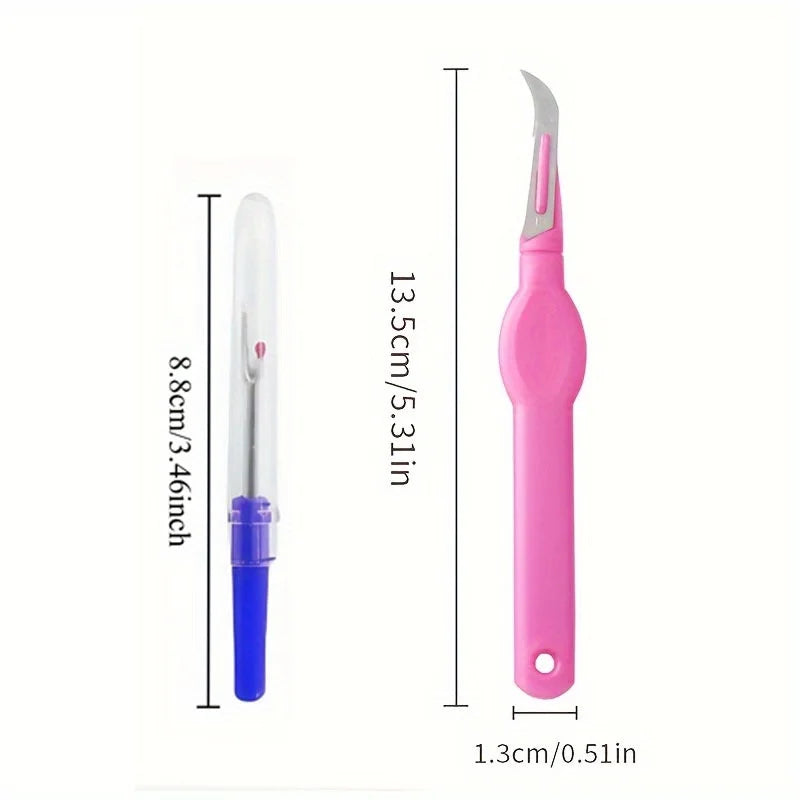 A pink precision seam ripper tool with a silver blade and blue handle shown next to its size measurements.