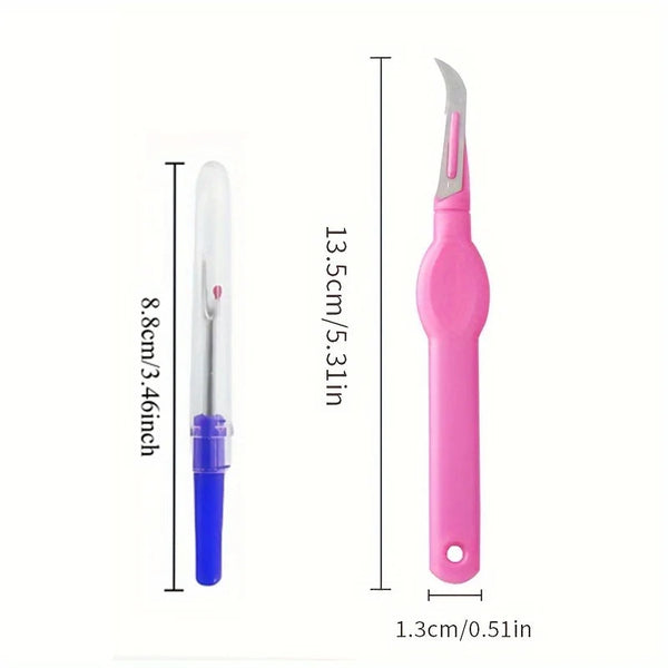 A pink precision seam ripper tool with a silver blade and blue handle shown next to its size measurements.