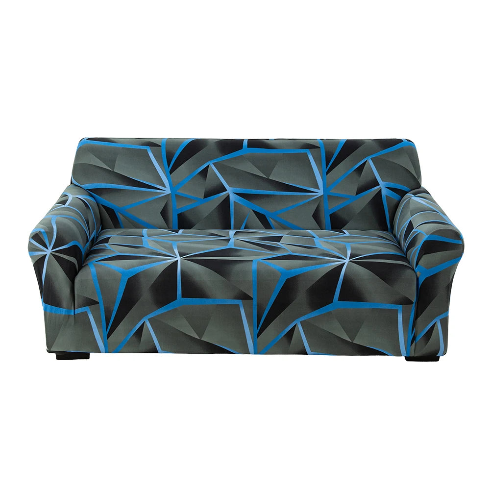 A modern sofa covered in a black and blue geometric pattern with a stretchable fabric.