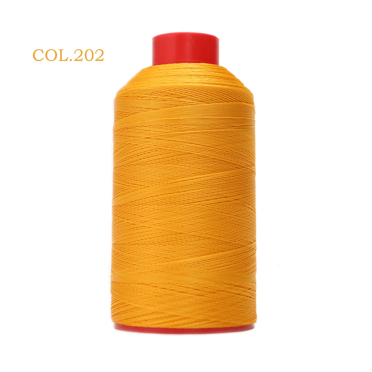 A spool of bright orange heavy duty nylon sewing thread with a red cap.