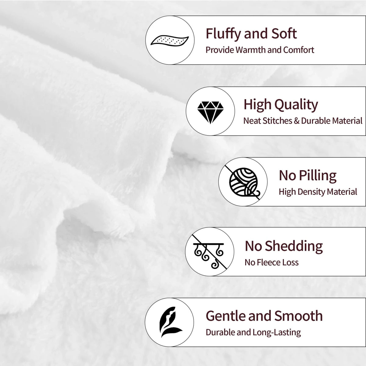 A close-up of a white knitted throw blanket showing features like fluffiness, high quality stitching, and durability.