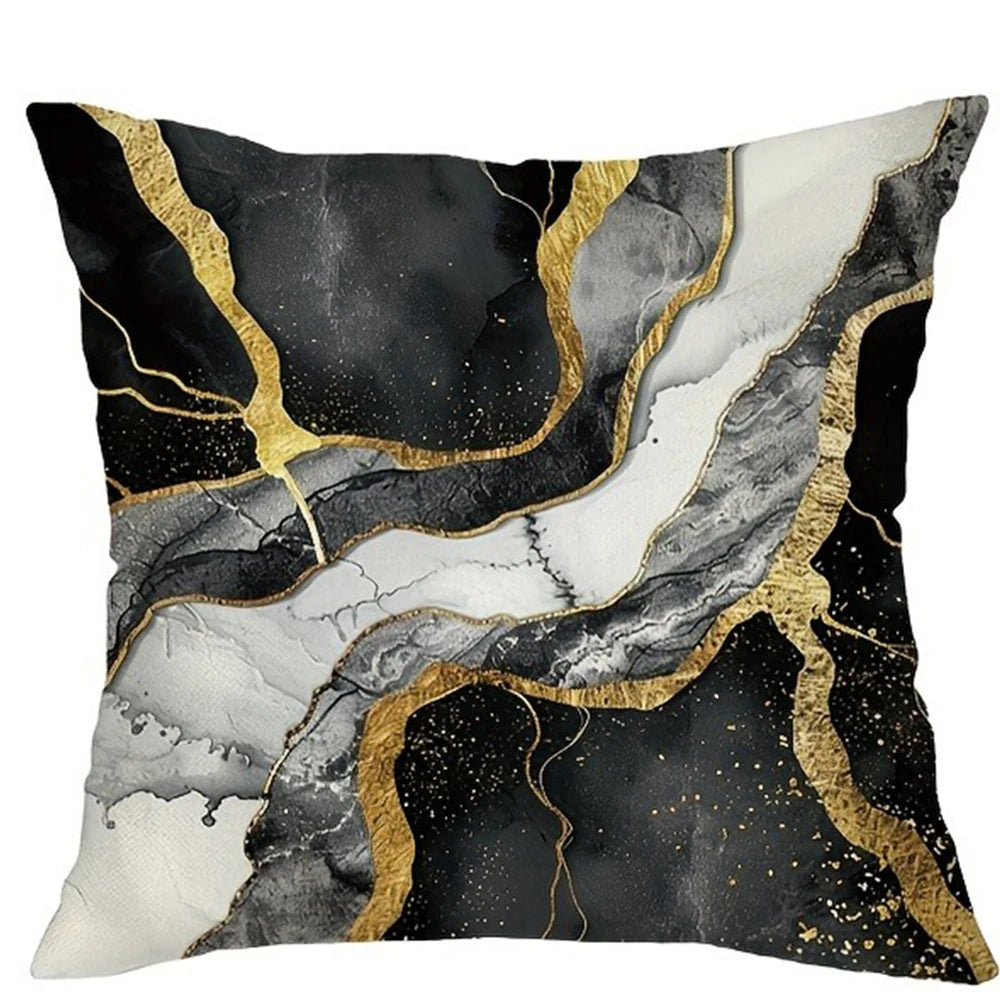 Black and white marble print decorative pillow cover with gold leaf accents
