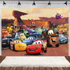 A colorful backdrop featuring various cartoon race cars and a purple alien in a desert landscape.