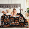 A woman relaxing on a bed covered with a vintage patchwork flannel throw blanket featuring Halloween-themed patterns.