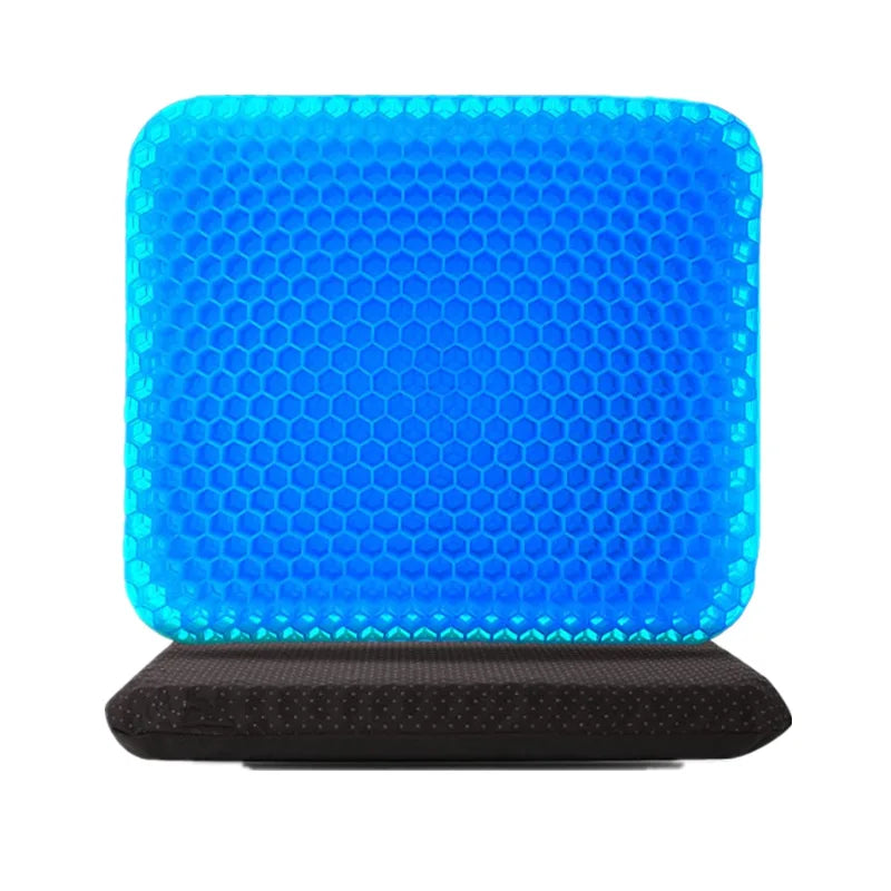 A bright blue, hexagonal mesh cooling seat cushion with a black base.