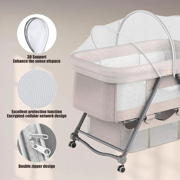 A portable mosquito net cover for baby bassinets and car seats shown with features like 3D support, protection, and a double 