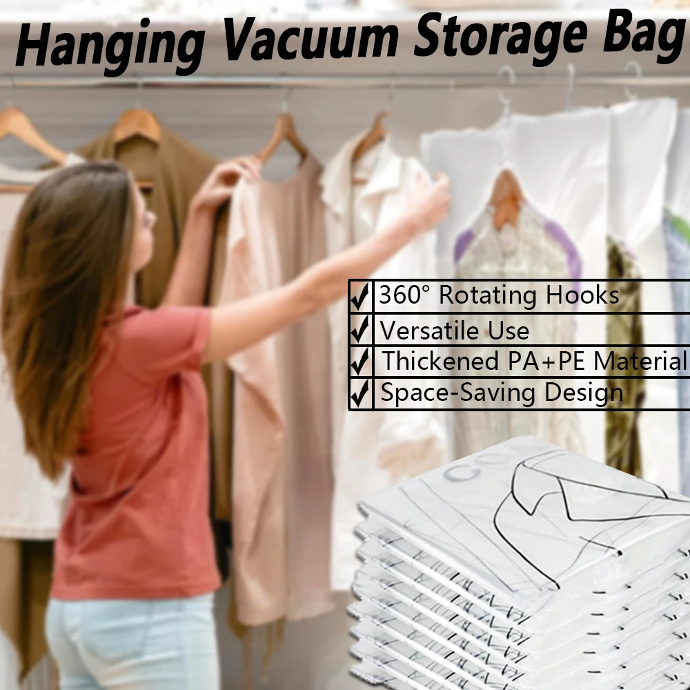 A woman hangs a clothing item on a hanger, demonstrating the hanging vacuum storage bag for clothing.