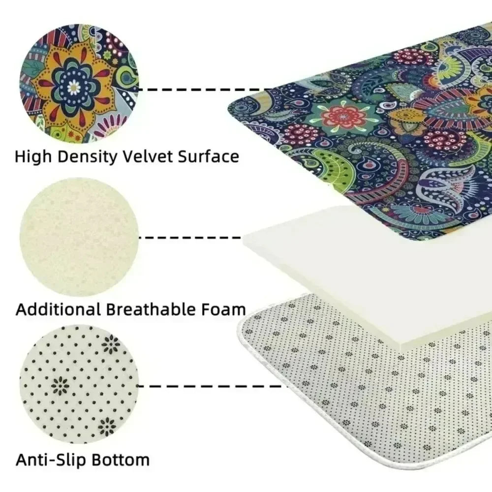 Cross-section diagram showing layers of a tropical botanical outdoor area rug including velvet surface, breathable foam, and 
