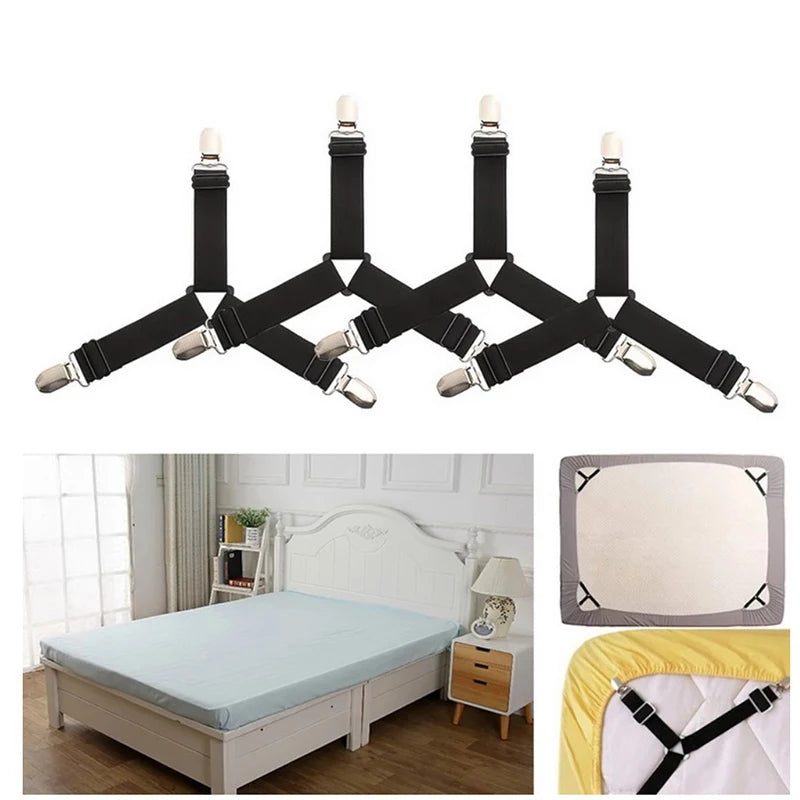 Adjustable sheet corner grippers with elastic straps shown above and in context on a bed frame.