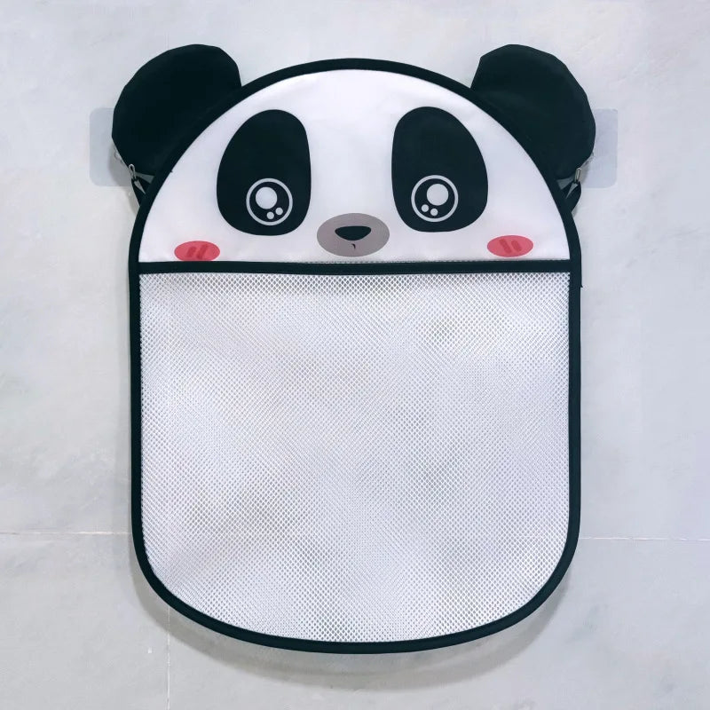 A cute panda-themed mesh storage bag with black ears and facial features.