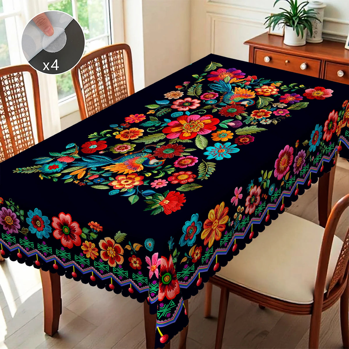 A dark floral tablecloth with colorful embroidery and embossed edges displayed on a wooden dining table.