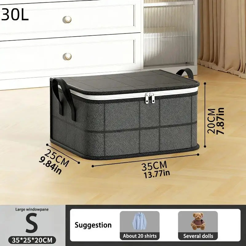 A black foldable storage bag with a silver zipper is shown next to white drawers and a wooden floor.