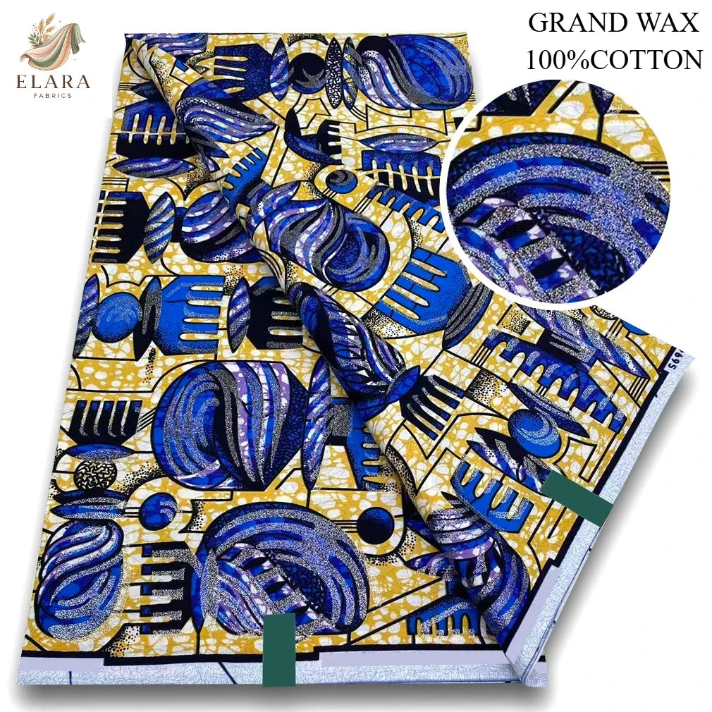 A bolt of blue and yellow African wax print fabric featuring abstract patterns.