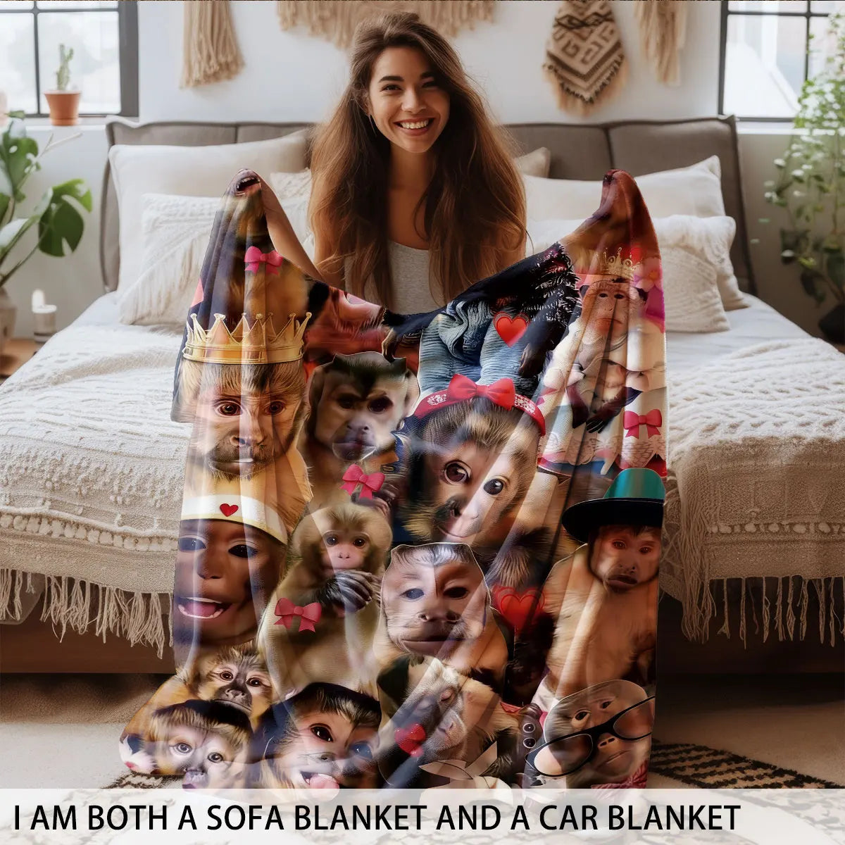A collage of monkey prints on a flannel blanket draped over a bed.