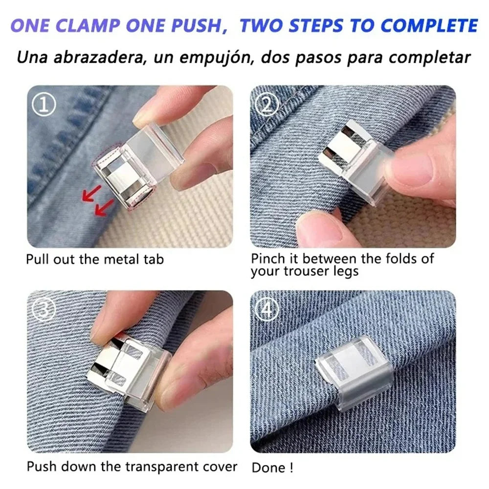 Step-by-step guide showing how to use invisible pant hem adjuster clips to shorten trouser legs.