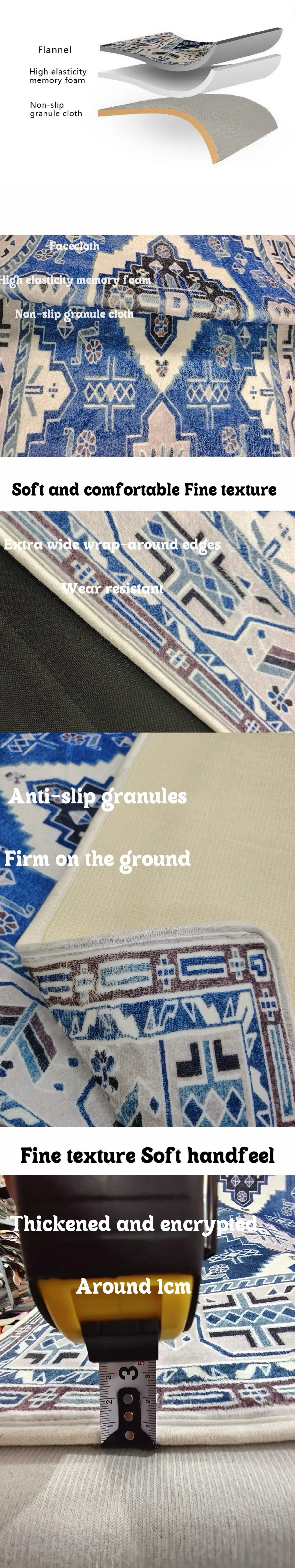 A close-up view of a semi-circular mosaic non-slip floor mat with vintage floral print texture and edges.