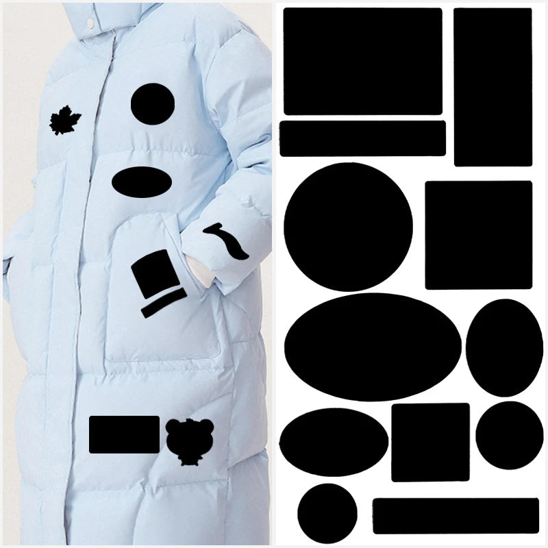 Light blue quilted down jacket featuring black fabric repair patches.