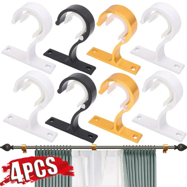 Four multi-style curtain rod brackets in white and black are shown for wall mounting.