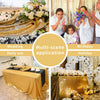 Multi-scene application of a gold sequin rectangle table cover used for wedding, birthday, and holiday decor.