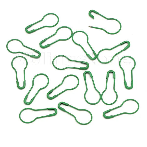 A collection of green gourd-shaped locking safety pins for knitting and sewing.