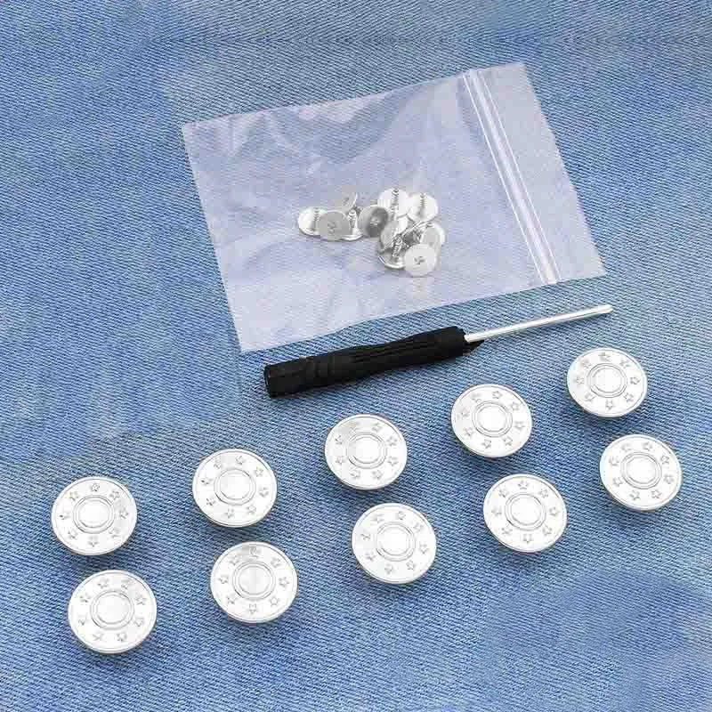A set of durable metal button pins for clothing repair and customization are displayed on a translucent bag.