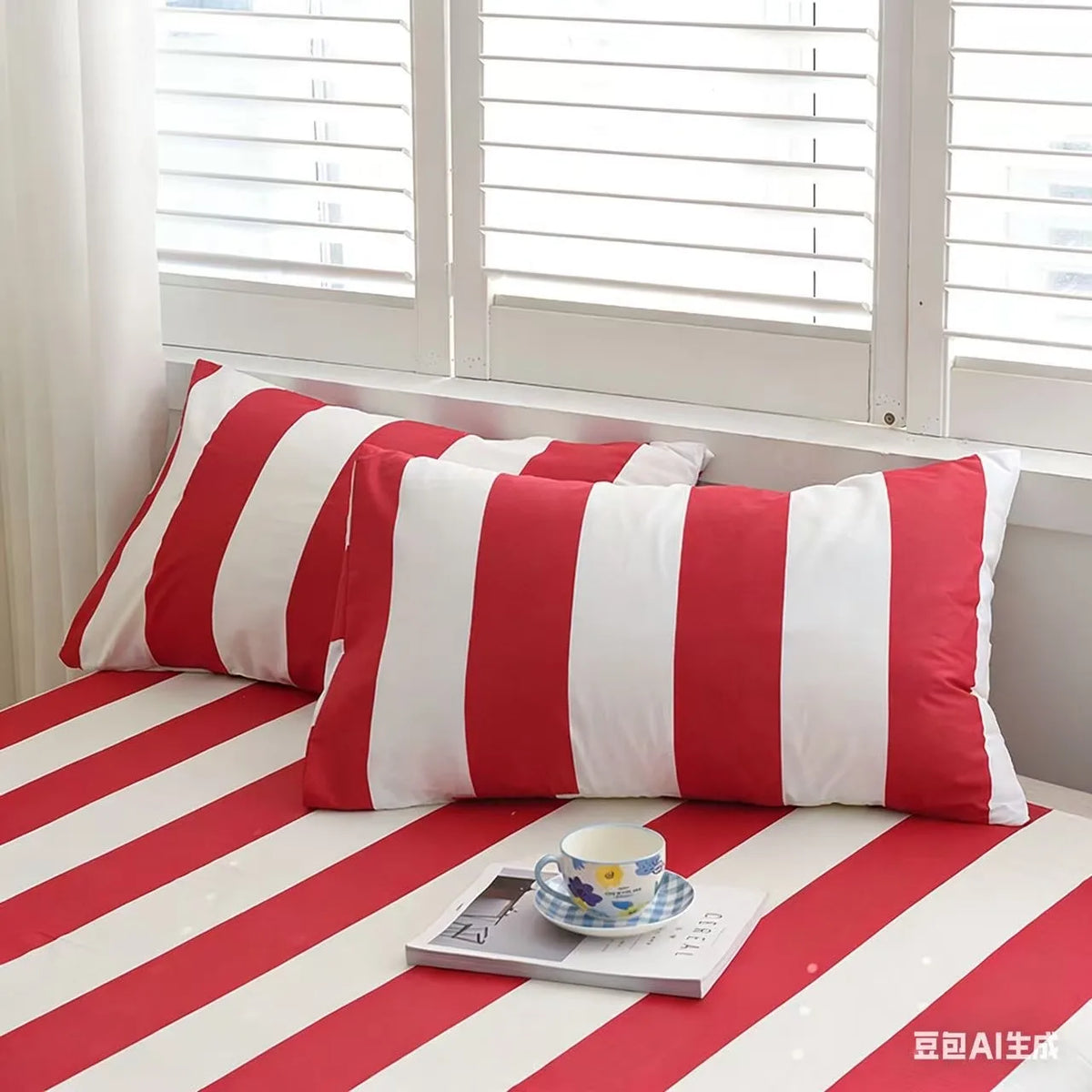 A set of three red and white striped pillows resting on a red and white striped bed, near a window.