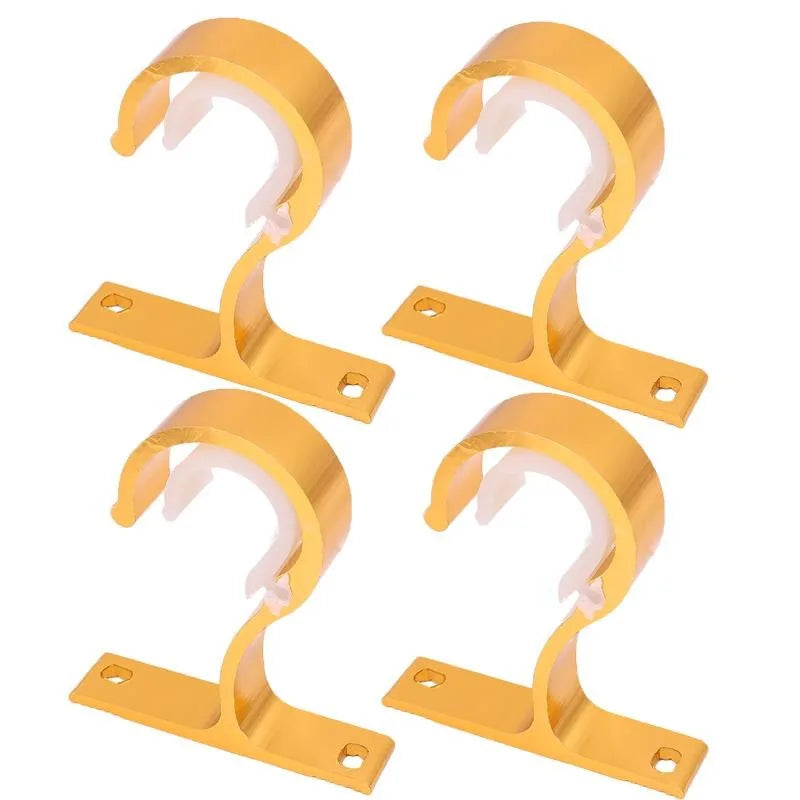Two gold-colored multi-style curtain rod brackets for wall mounting shown from the side.