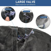 A close-up of an inflatable travel pillow with a soft velvet cover being used on a person's head.