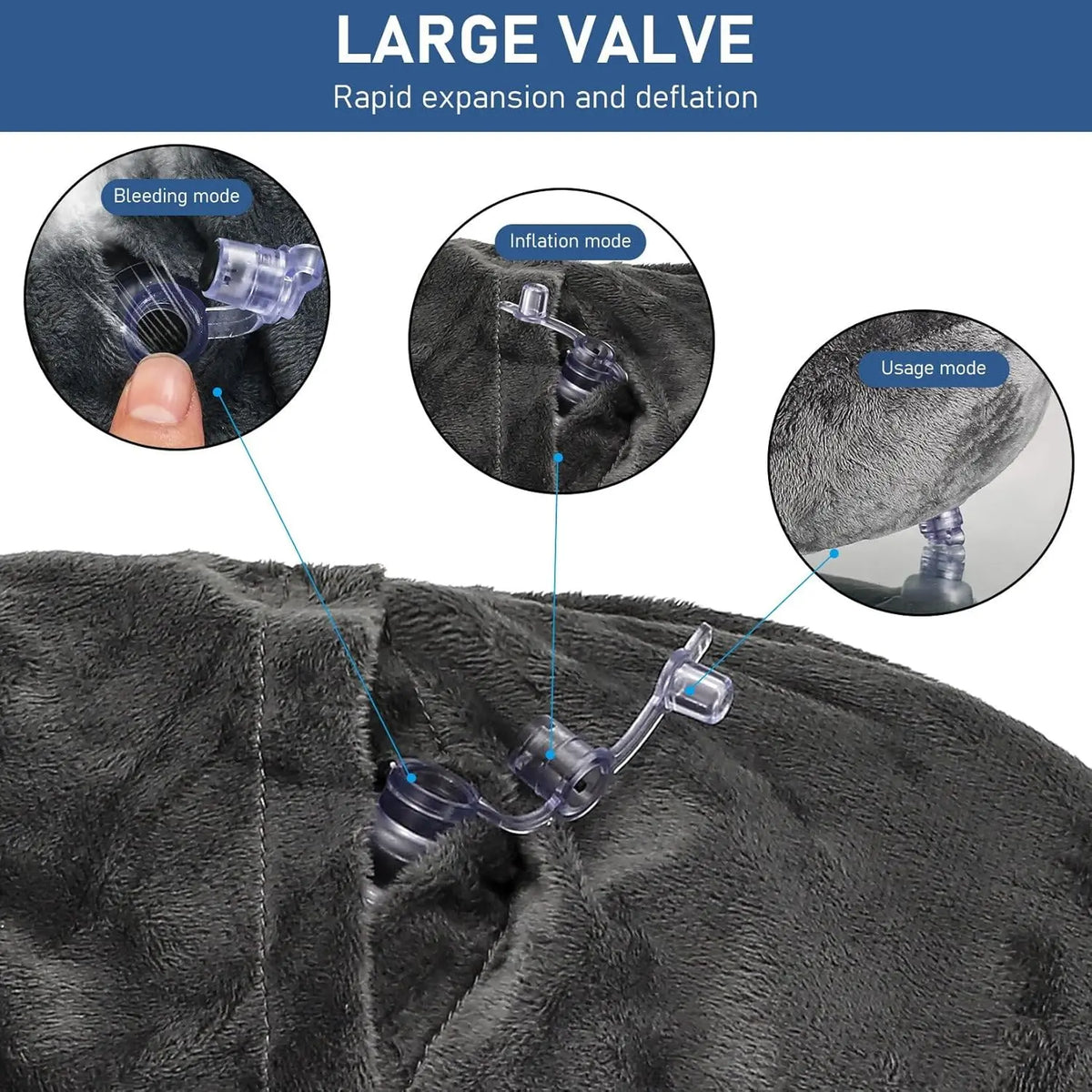 A close-up of an inflatable travel pillow with a soft velvet cover being used on a person's head.