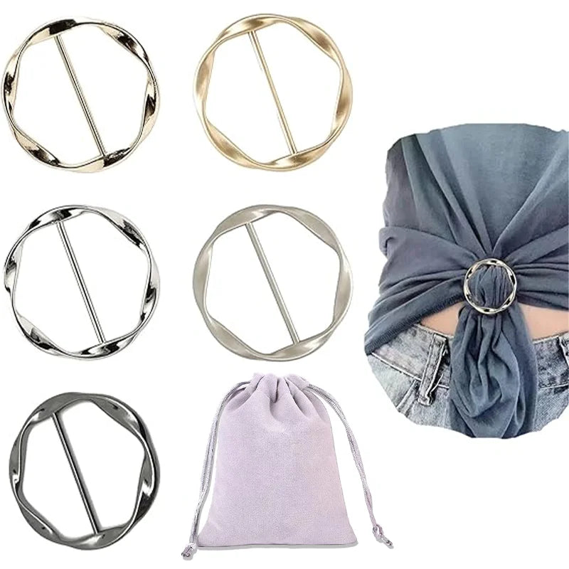 A collection of round heart button clips in gold and silver tones, shown with various clothing items.