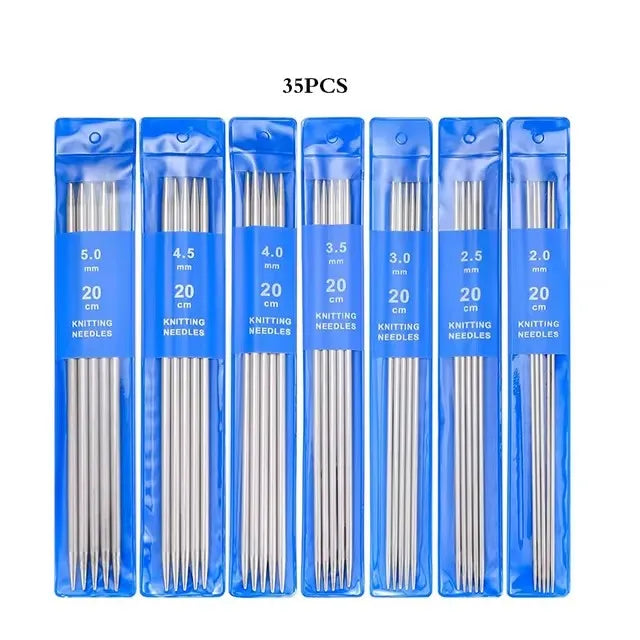 A set of 35 stainless steel double-pointed knitting needles in various sizes from 2.0 mm to 5.0 mm.
