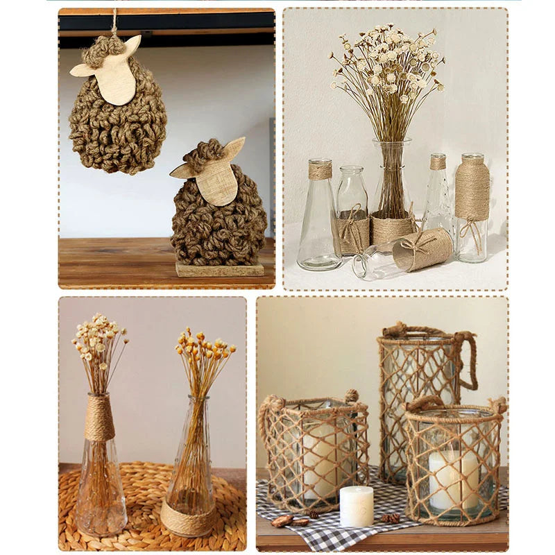 A collection of natural jute twine rolls used for crafts and decor, including decorative balls and floral arrangements.