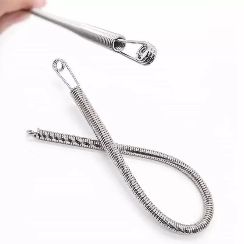 A set of metal spring drawstring sewing threaders, including a tool and a long spring wire.