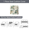 A floral outdoor sofa cushion cover featuring green and white leaves and flowers, shown with fit examples.
